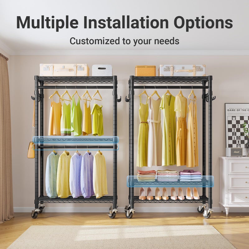 VIPEK R2 Mini Rolling Clothes Rack Heavy Duty Clothing Rack for Hanging Clothes Adjustable Portable Closet Metal Clothes Racks with Wheels Double Rods Side Hooks, Freestanding Garment Rack, Black - Image 3