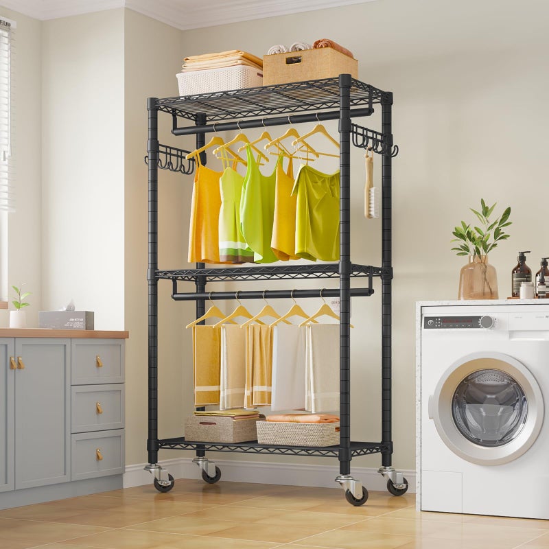 VIPEK R2 Mini Rolling Clothes Rack Heavy Duty Clothing Rack for Hanging Clothes Adjustable Portable Closet Metal Clothes Racks with Wheels Double Rods Side Hooks, Freestanding Garment Rack, Black - Image 2