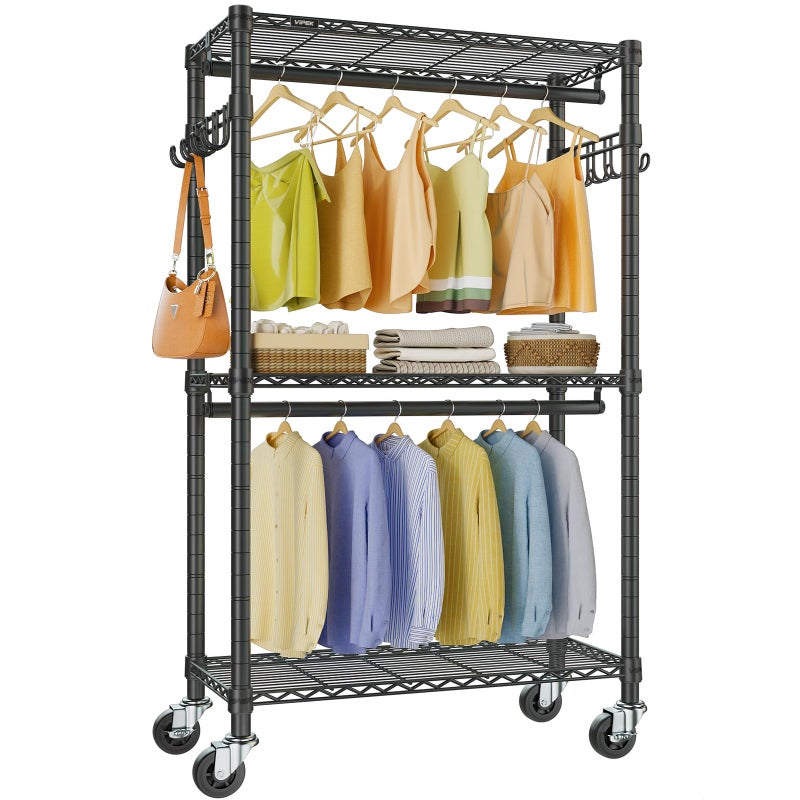 VIPEK R2 Mini Rolling Clothes Rack Heavy Duty Clothing Rack for Hanging Clothes Adjustable Portable Closet Metal Clothes Racks with Wheels Double Rods Side Hooks, Freestanding Garment Rack, Black - Image 1
