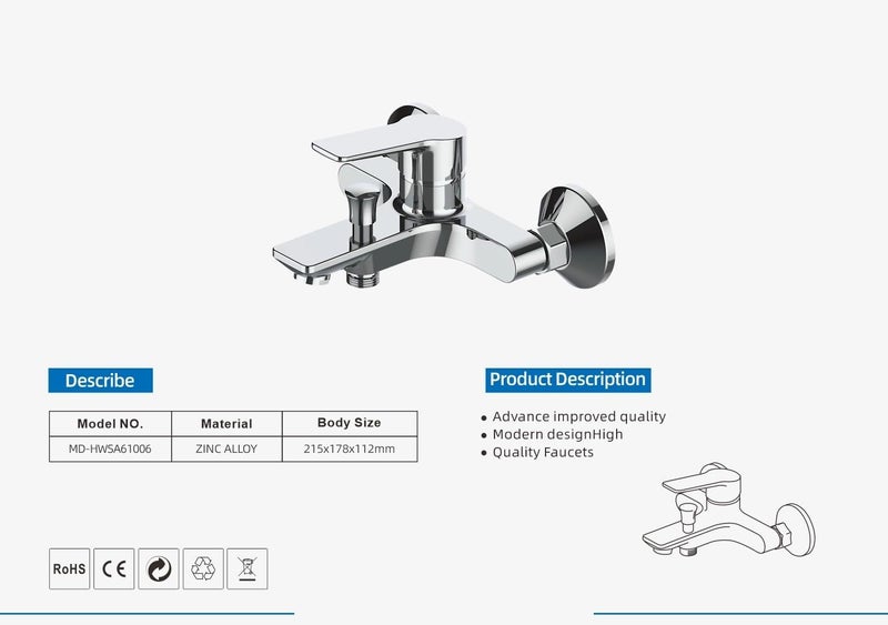 Modern Wall-Mounted Bathroom Mixer Tap Set with Shower Head - Chrome Finish - Image 5