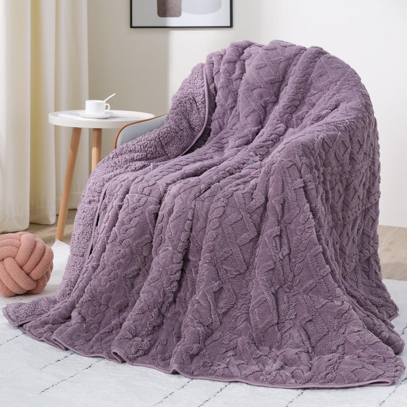 Drewin 15 lbs Weighted Blanket Queen Size, 60 x 80 inches, Dual Sided Soft Fuzzy Jacquard Sherpa Weighted Blankets for Adults, Comfortable Sofa Bed Blanket for Sleeping, Purple - Image 1