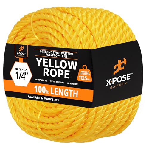 xpose safety Yellow Twisted Polypropylene Rope, 1/4" Thickness x 100' Length Heavy Duty Poly Ropes for Outdoor and Marine Use, Yellow Rope for Visibility & Safety - Image 1