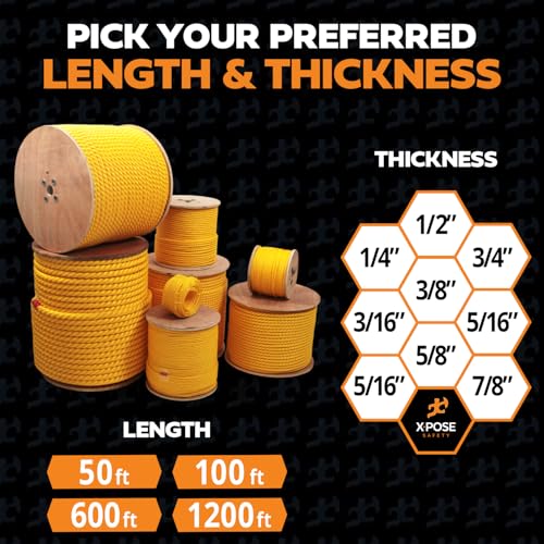 xpose safety Yellow Twisted Polypropylene Rope, 1/4" Thickness x 100' Length Heavy Duty Poly Ropes for Outdoor and Marine Use, Yellow Rope for Visibility & Safety - Image 5