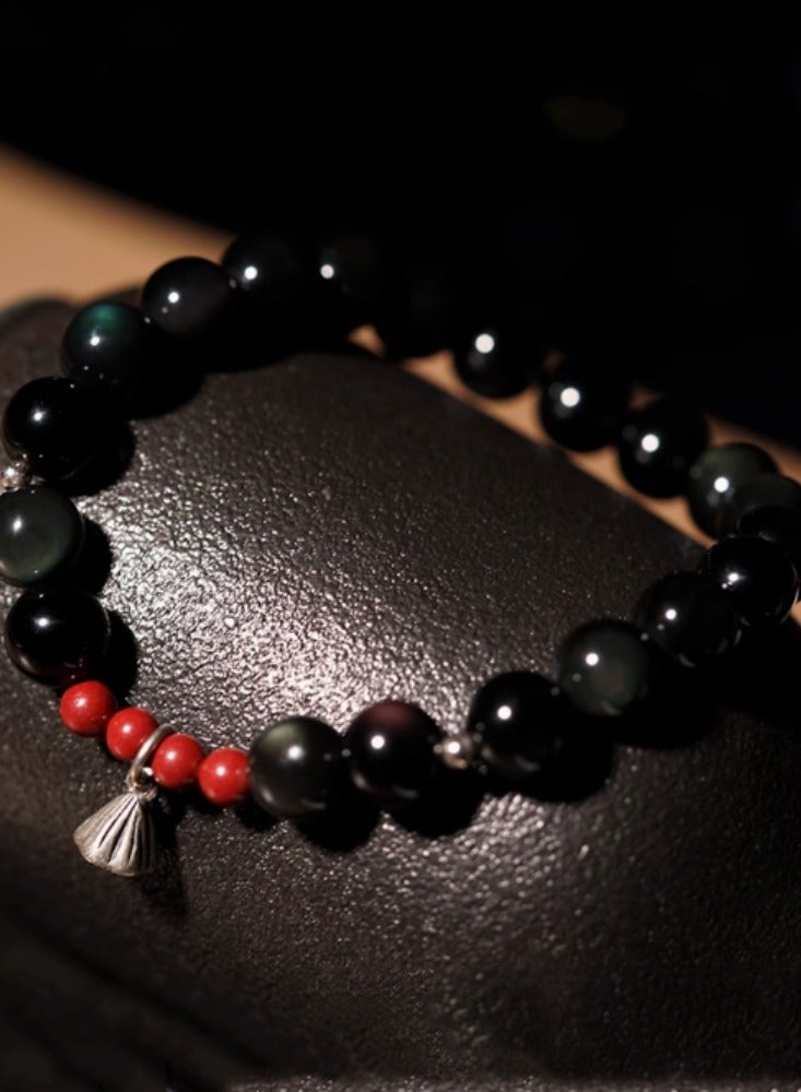 Natural Obsidian Buddha Bead Lotus Pong Bracelet for Women's Tranquility, Small and Delicate Transport, Made of Cinnabar Pure Silver Hand String, Crystal Bead Lotus Pong Style -8mm Bead Diameter (Standard Women's Style)  - Image 1