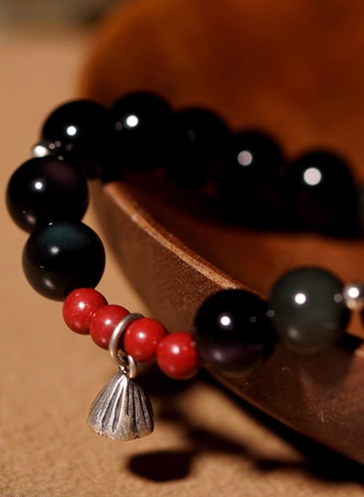 Natural Obsidian Buddha Bead Lotus Pong Bracelet for Women's Tranquility, Small and Delicate Transport, Made of Cinnabar Pure Silver Hand String, Crystal Bead Lotus Pong Style -8mm Bead Diameter (Standard Women's Style)  - Image 2