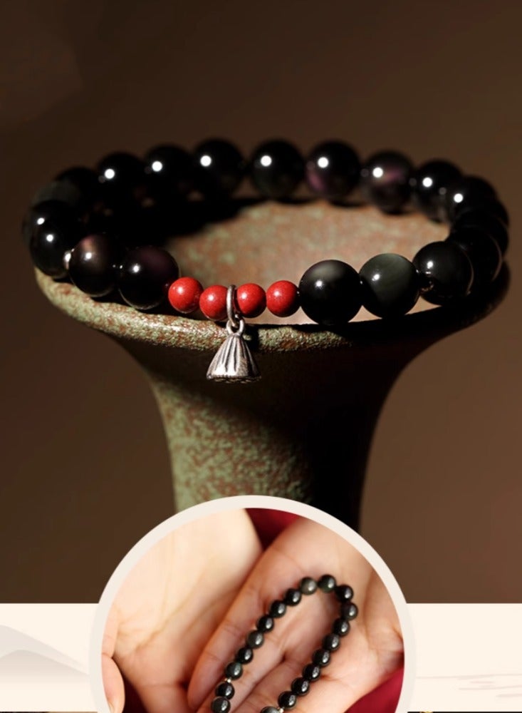 Natural Obsidian Buddha Bead Lotus Pong Bracelet for Women's Tranquility, Small and Delicate Transport, Made of Cinnabar Pure Silver Hand String, Crystal Bead Lotus Pong Style -8mm Bead Diameter (Standard Women's Style)  - Image 3