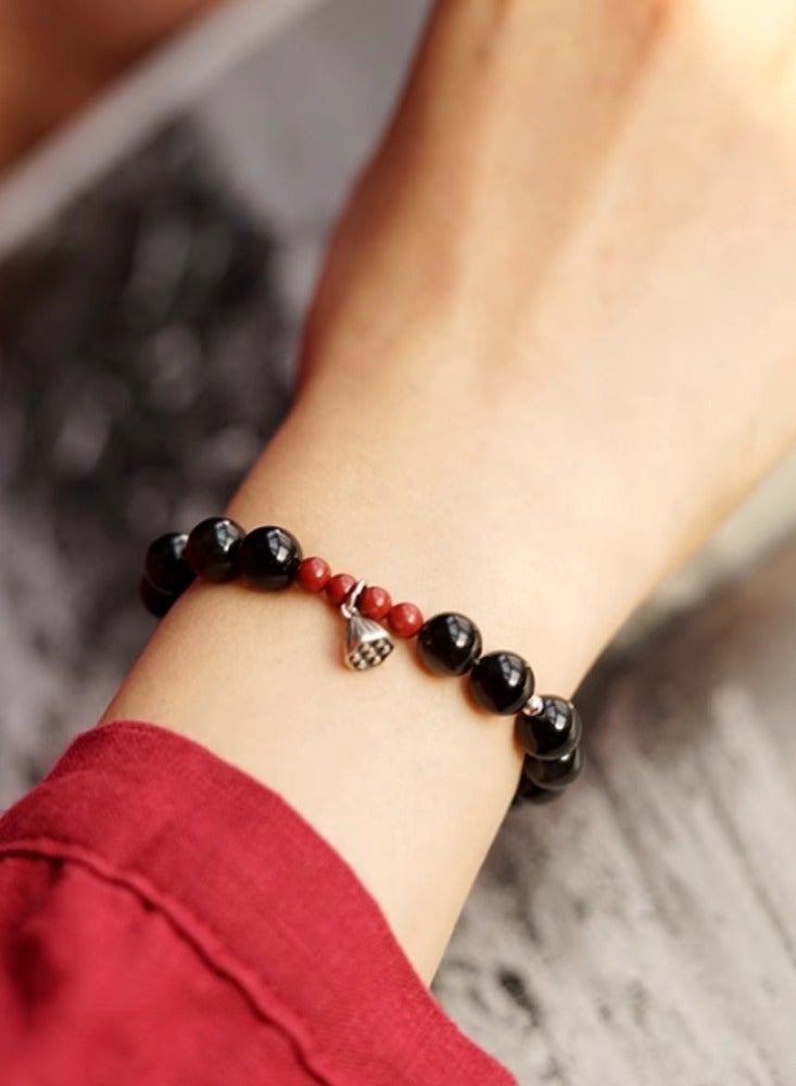 Natural Obsidian Buddha Bead Lotus Pong Bracelet for Women's Tranquility, Small and Delicate Transport, Made of Cinnabar Pure Silver Hand String, Crystal Bead Lotus Pong Style -8mm Bead Diameter (Standard Women's Style)  - Image 4