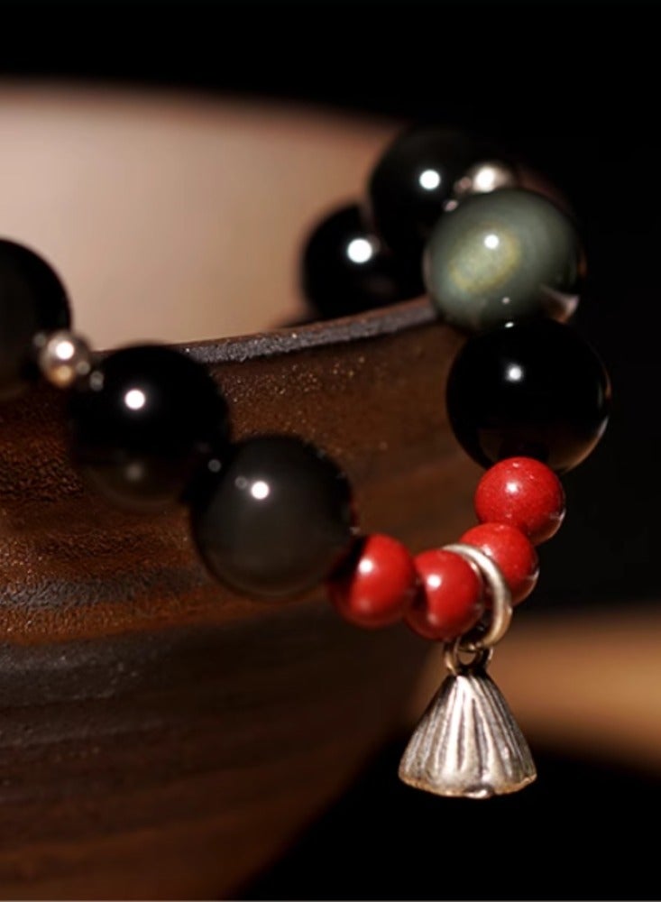 Natural Obsidian Buddha Bead Lotus Pong Bracelet for Women's Tranquility, Small and Delicate Transport, Made of Cinnabar Pure Silver Hand String, Crystal Bead Lotus Pong Style -8mm Bead Diameter (Standard Women's Style)  - Image 5