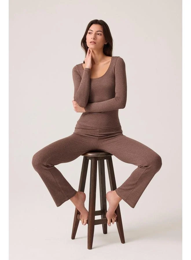 Los Ojos x Ece Brown Modal Fabric Long Sleeve Jogger Pajama Set Ribbed PJ2.