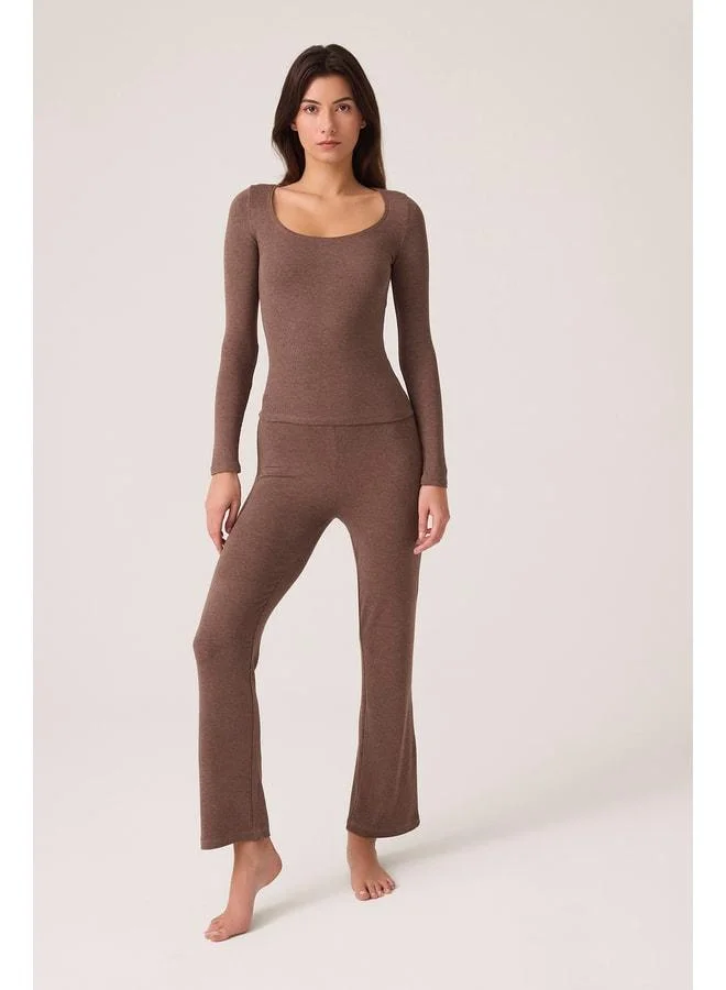 Los Ojos x Ece Brown Modal Fabric Long Sleeve Jogger Pajama Set Ribbed PJ2.