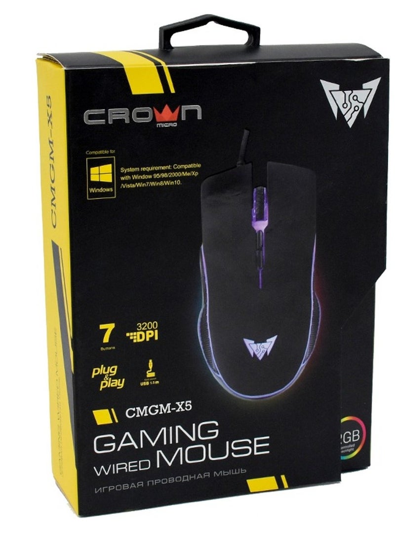 كراون مايكرو ماوس الألعاب Crown Micro | حتى 3200 نقطة في البوصة | 7 أزرار | أسود | سلكي 1.5 متر | CMGM-X5  - Image 1