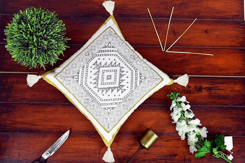 IMPEXART PVT LTD Cotton 18x18 Inches Print Gematrical Pattern Square Embroidery Cushion Cover with Tassel for Dcor Sofa Couch Living Room Bedroom Farm House Indoor Outdoor