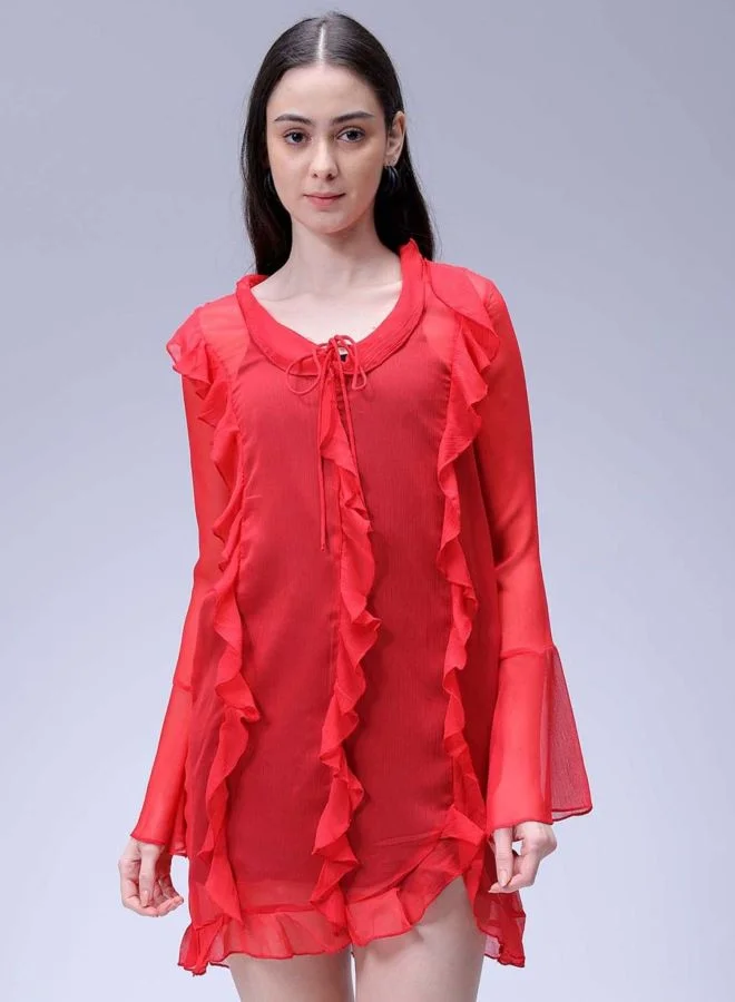 Women Fit and Flared Solid V-Neck Long Sleeve Ruffle Dress