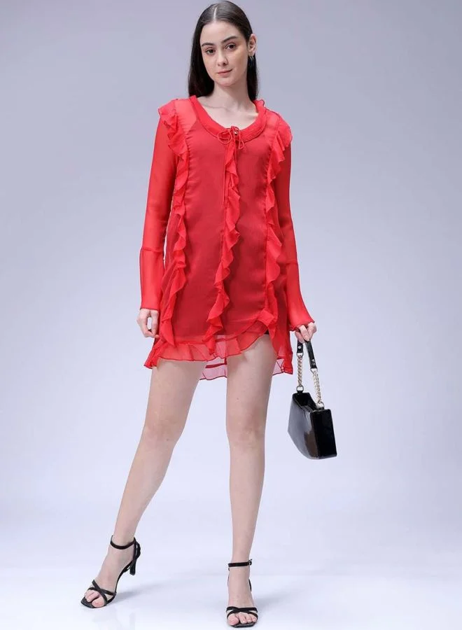 Freehand  Women Fit and Flared Solid V-Neck Long Sleeve Ruffle Dress for Women | Best Price UAE