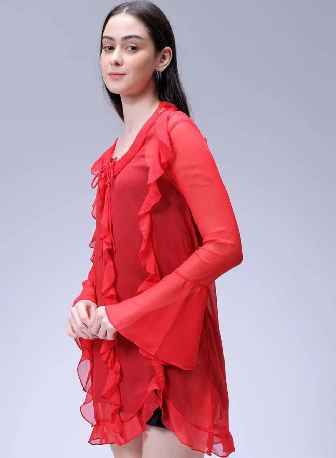 Freehand  Women Fit and Flared Solid V-Neck Long Sleeve Ruffle Dress for Women | Best Price UAE