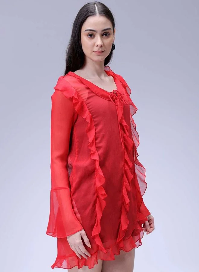 Freehand  Women Fit and Flared Solid V-Neck Long Sleeve Ruffle Dress for Women | Best Price UAE