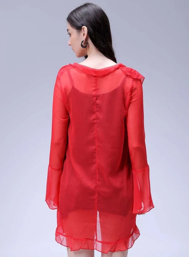 Freehand  Women Fit and Flared Solid V-Neck Long Sleeve Ruffle Dress for Women | Best Price UAE