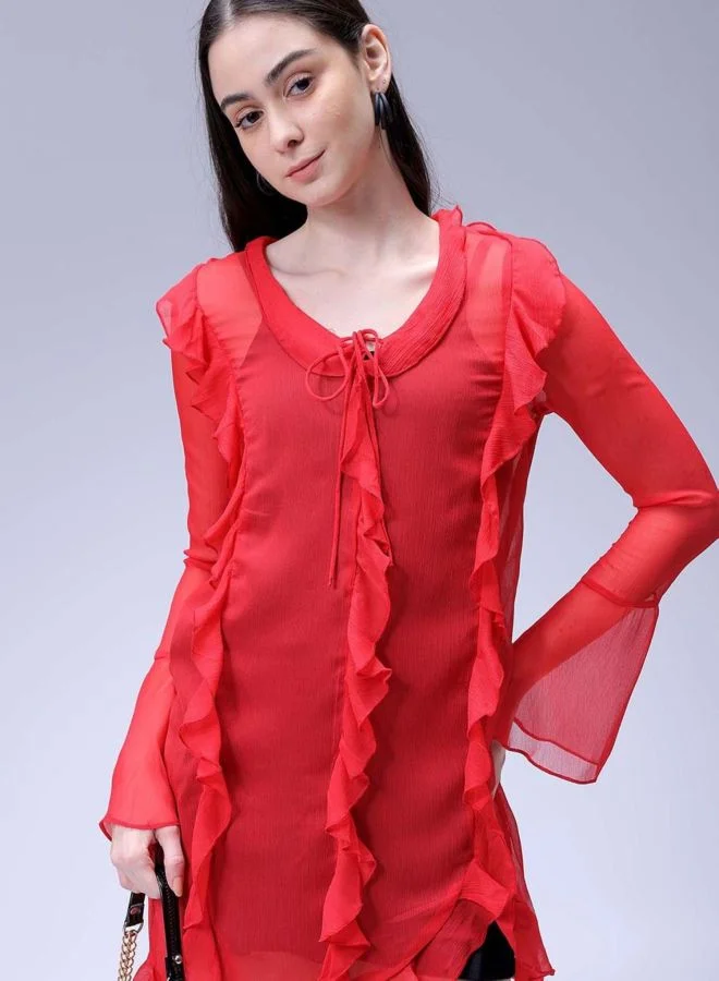 Freehand  Women Fit and Flared Solid V-Neck Long Sleeve Ruffle Dress for Women | Best Price UAE