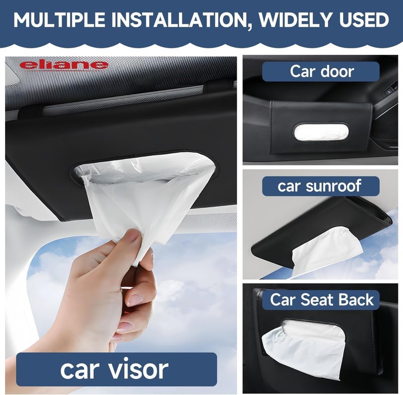Eliane Car Tissue Holder Sun Visor Napkin for Upgraded Version Hanging Premium PU Leather Universal Auto Easy Use Mask Dispenser Box with Refill (Black, 1 Pcs) - Image 3