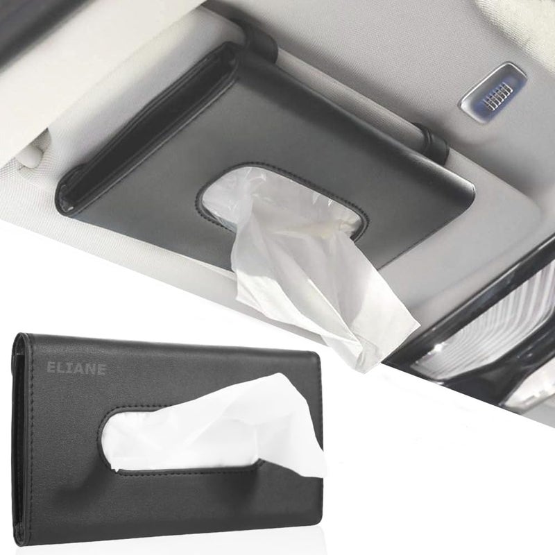 Eliane Car Tissue Holder Sun Visor Napkin for Upgraded Version Hanging Premium PU Leather Universal Auto Easy Use Mask Dispenser Box with Refill (Black, 1 Pcs) - Image 1