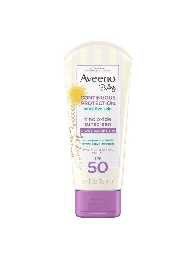 Aveeno Baby Continuous Protection Zinc Oxide Mineral Sunscreen Lotion For Sensitive Skin, Broad Spectrum Spf 50, Tear-Free, Sweat- & Water-Resistant, Paraben-Free, Travel-Size, 3 Fl. Oz  - Image 1