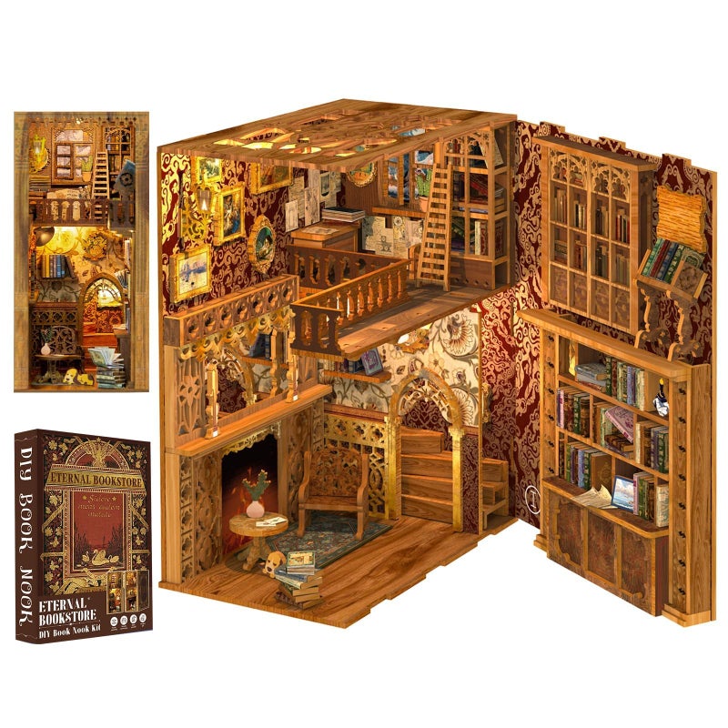 Cutefun Book Nook Kit Library DIY Miniature Booknook Kit for Adults 3D Wooden Puzzle Bookend Bookshelf Decor with LED Light Dust Cover Christmas Crafts Gifts for Book Lovers Eternal Bookstore - Image 2