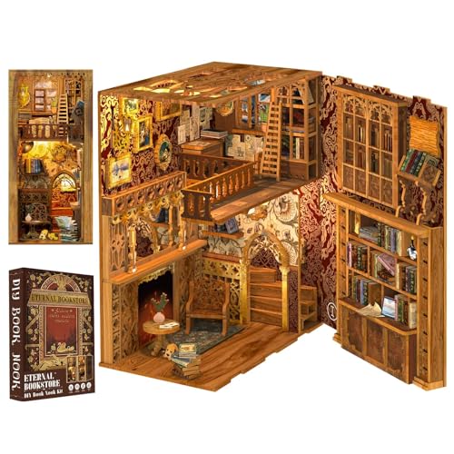 Cutefun Book Nook Kit Library DIY Miniature Booknook Kit for Adults 3D Wooden Puzzle Bookend Bookshelf Decor with LED Light Dust Cover Christmas Crafts Gifts for Book Lovers Eternal Bookstore - Image 1