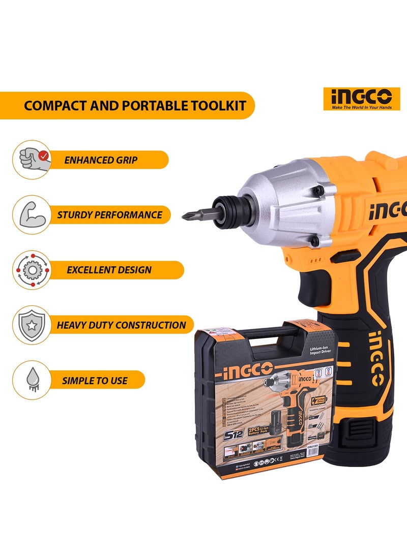 INGCO INGCO CIRLI1201 Lithiumion Impact Driver Cordless High Torque 100 Nm 14 Inch Portable 12 V Grip Handle 2000 RPM for Home Improvement Industrial Use  - Image 2