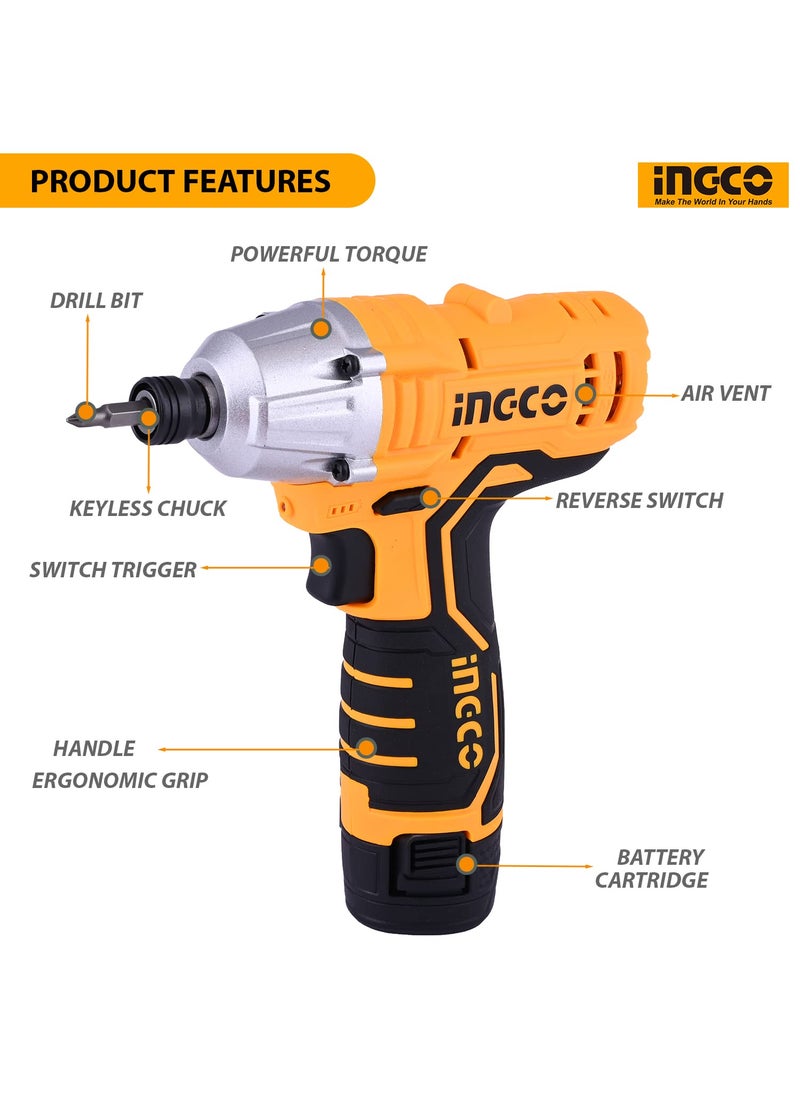 INGCO INGCO CIRLI1201 Lithiumion Impact Driver Cordless High Torque 100 Nm 14 Inch Portable 12 V Grip Handle 2000 RPM for Home Improvement Industrial Use  - Image 3