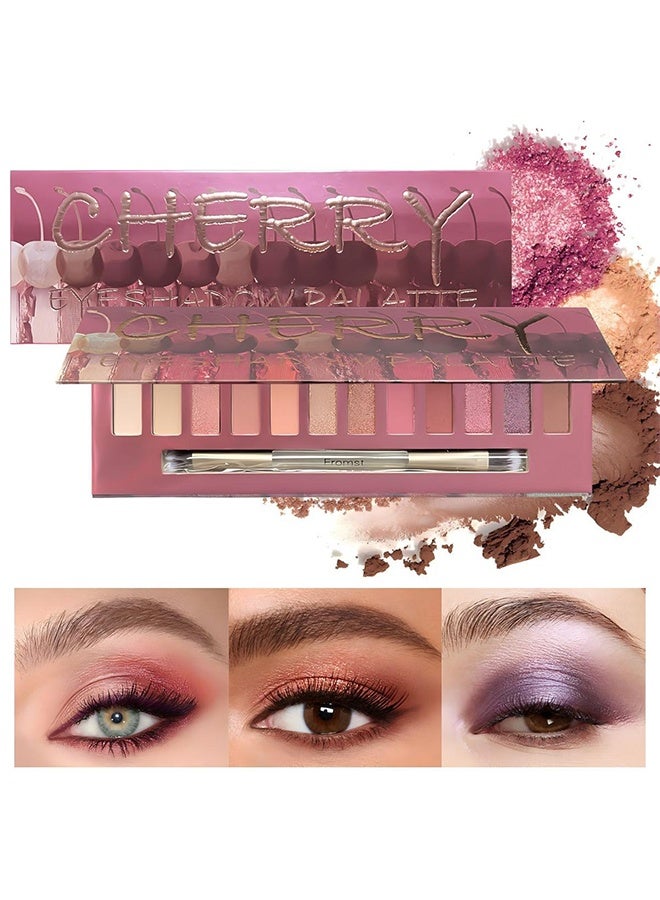 FROMST  Cherry Eyeshadow Palatte,12 Colors Makeup Smoky Eyeshadow Palette Natural Nude Matte Shimmer Glitter Pigment Eye Shadow Pallete Set Black Eye Shadow Halloween Make Up for Women,#D Cherry - Image 1