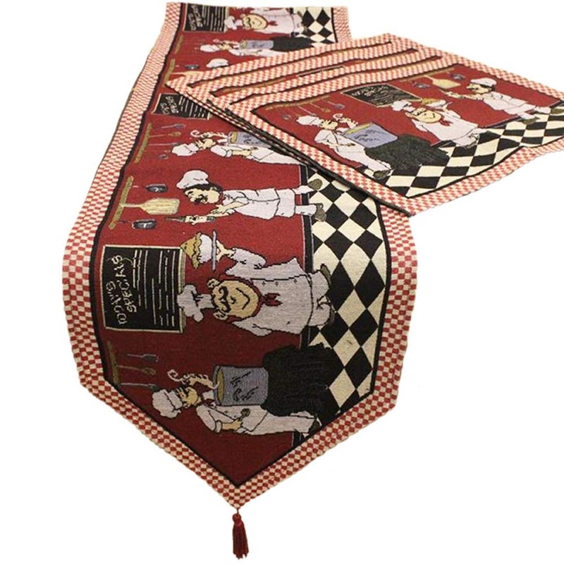 KEPSWET Cotton Linen Chef 1 Table Runner and 4 Placemats Value Pack for Dining Table Kitchen Accessories Table Mats Set Red