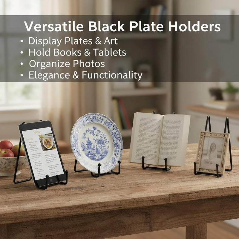 Siwil Plate Stands Holder, Picture Frame Display for Bookcase, Photo on Table Top (Black, 8") - Image 2