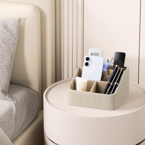 Cretkhp Remote Control Holder with 4 Compartments, PU Leather Small Nightstand Organizer for Home Desk Accessories Office Supplies, Multifunctional Stylish Small Bedside Desktop Organizers (Beige) - Image 5