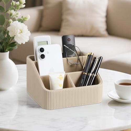 Cretkhp Remote Control Holder with 4 Compartments, PU Leather Small Nightstand Organizer for Home Desk Accessories Office Supplies, Multifunctional Stylish Small Bedside Desktop Organizers (Beige) - Image 2