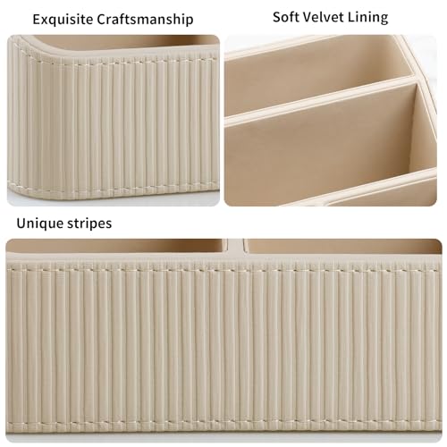 Cretkhp Remote Control Holder with 4 Compartments, PU Leather Small Nightstand Organizer for Home Desk Accessories Office Supplies, Multifunctional Stylish Small Bedside Desktop Organizers (Beige) - Image 3