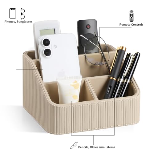 Cretkhp Remote Control Holder with 4 Compartments, PU Leather Small Nightstand Organizer for Home Desk Accessories Office Supplies, Multifunctional Stylish Small Bedside Desktop Organizers (Beige) - Image 4
