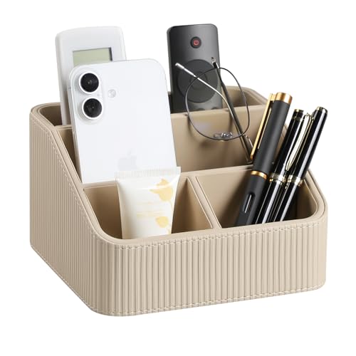 Cretkhp Remote Control Holder with 4 Compartments, PU Leather Small Nightstand Organizer for Home Desk Accessories Office Supplies, Multifunctional Stylish Small Bedside Desktop Organizers (Beige) - Image 1