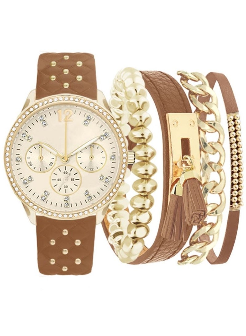 أدرين فيتاديني ساعة أدريان فيتاديني نسائية بعقارب، علبة ذهبية، ميناء ذهبي، سوار جلد صناعي بني - Image 2