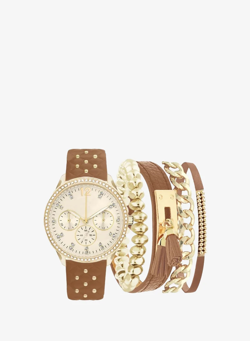 ADRIENNE VITTADINI Adrienne Vittadini Ladies Analog Watch Gold Case Gold Dial Brown PU Leather Strap A1004G-42-A17