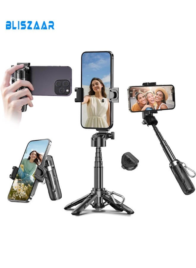 Bliszaar Mini Selfie Stick Tripod with Detachable Remote, 3 in 1 Portable Phone Handle Grip with 2 Cold Shoes, Short Phone Tripod for Vlog Livestreaming Photography (Black)  - Image 1