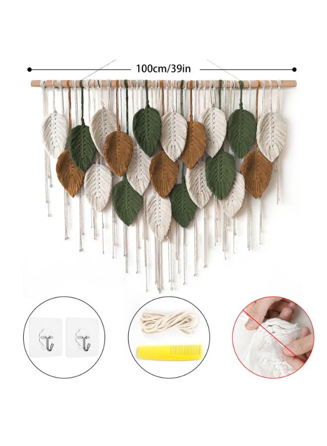 Macrame Wall Hanging Large Boho Leaf Woven Tapestry 100 cm - Green, Beige, Khaki - Image 3