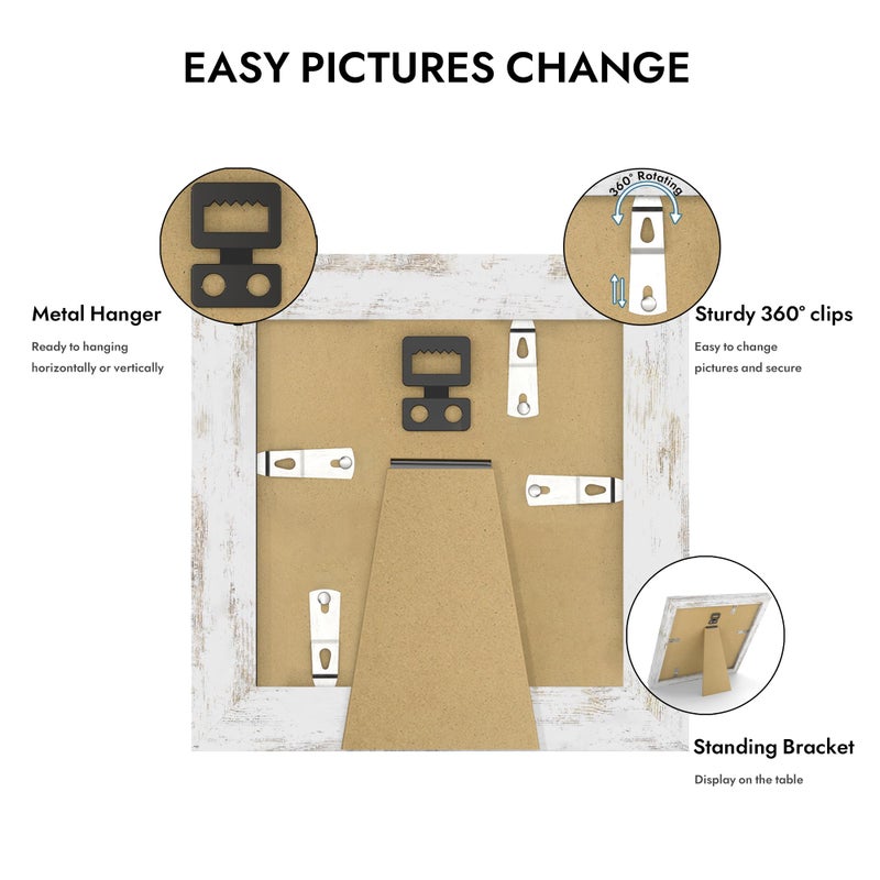 Hongkee 5x5 Picture Frame with Glass, Display Pictures 4x4 with Mat or 5 x 5 without Mat - Wall and Tabletop, 5 by 5 Photo Wooden Frames (Distressed White, 1 Pack) - Image 4