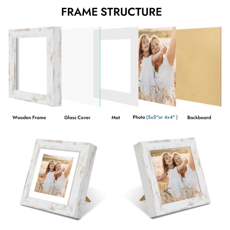 Hongkee 5x5 Picture Frame with Glass, Display Pictures 4x4 with Mat or 5 x 5 without Mat - Wall and Tabletop, 5 by 5 Photo Wooden Frames (Distressed White, 1 Pack) - Image 5