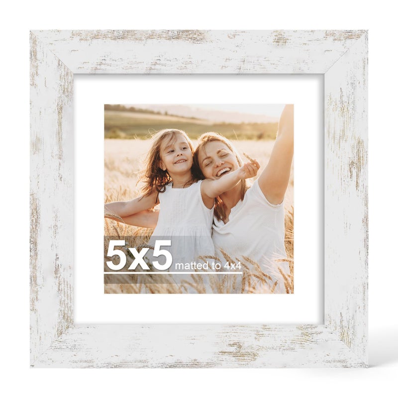 Hongkee 5x5 Picture Frame with Glass, Display Pictures 4x4 with Mat or 5 x 5 without Mat - Wall and Tabletop, 5 by 5 Photo Wooden Frames (Distressed White, 1 Pack) - Image 1