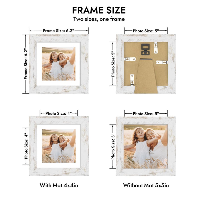 Hongkee 5x5 Picture Frame with Glass, Display Pictures 4x4 with Mat or 5 x 5 without Mat - Wall and Tabletop, 5 by 5 Photo Wooden Frames (Distressed White, 1 Pack) - Image 3