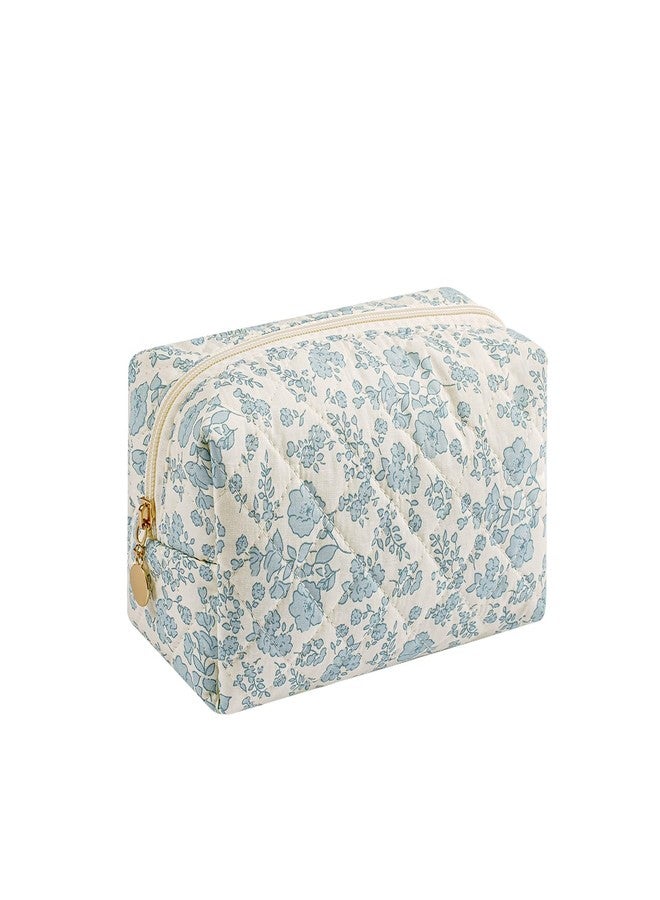 WHHJM Cute Floral Makeup Bag Small Cotton Quilted Cosmetic Bag, Aesthetic Essential Bag Emergency Bag Gift for Women Girls Travel Accessories (Blue Floral) - Image 1