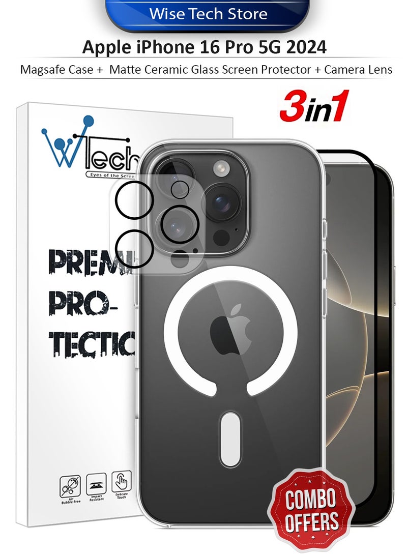 دبليو تيك حزمة حماية 3 في 1 لهاتف آبل آيفون 16 برو 5G 2024، غطاء شفاف مضاد للصدمات مع ماجسيف، واقي شاشة مات نهائي للخصوصية وواقي عدسة الكاميرا بحماية 360، تركيب سهل - شفاف/أسود - Image 1