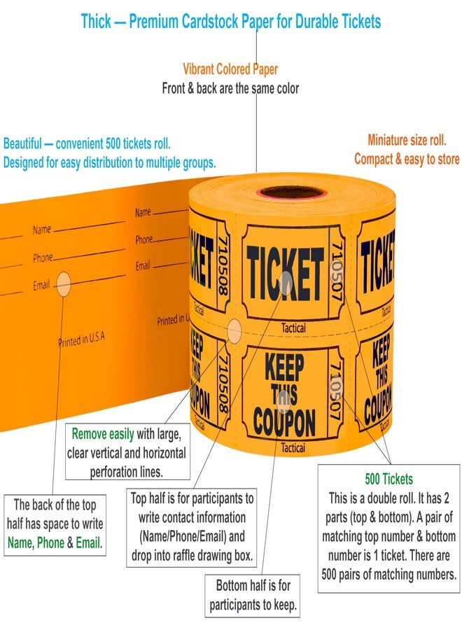 Tacticai 500 Raffle Tickets, Orange (1 of 8 Colors), Double Roll, Ticket for Events, Entry, Class Reward, Fundraiser & Prizes - Image 2