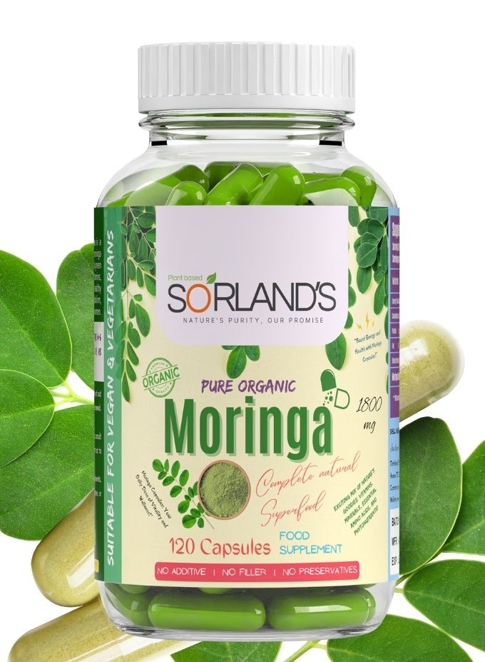 Sorland's Organic Moringa 120 Vegan Capsules | Complete Natural Superfood for Energy, Metabolism & Immune Support | Certified Organic & Premium Quality | Shed-Dried Using Solar Technology - Image 1