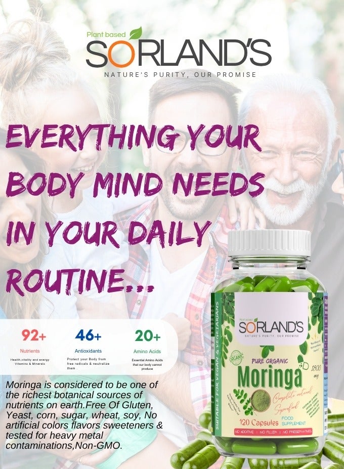 Sorland's Organic Moringa 120 Vegan Capsules | Complete Natural Superfood for Energy, Metabolism & Immune Support | Certified Organic & Premium Quality | Shed-Dried Using Solar Technology - Image 2
